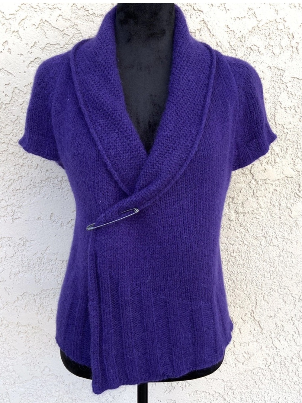 OSKA Alpaca Wool Short Sleeve Cardigan Sweater S Purple Asymmetric Shawl Collar